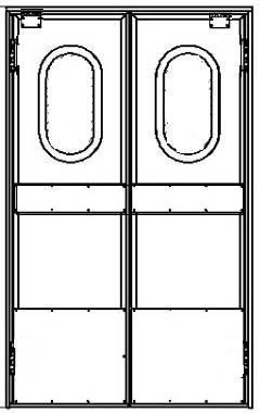 Маятниковая дверь двухстворчатая МДД(ОН)-1400.2300-40 рама угловая, окна, отбойники Маятниковая дверь двухстворчатая МДД(ОН)-1400.2300-40 рама угловая, окна, отбойники