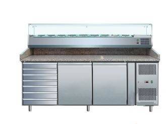 Стол холодильный для пиццы 2-дверный COOLEQ PZ2610TN-VRX380 столешница гранит, витрина Стол холодильный для пиццы 2-дверный COOLEQ PZ2610TN-VRX380 столешница гранит, витрина