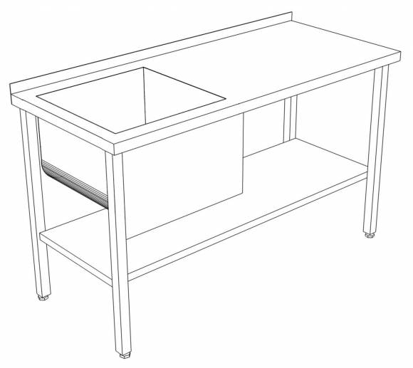 Стол производственный с полкой и ванной цельнотянутой 1400*700*850 гл.380 мм с бортом