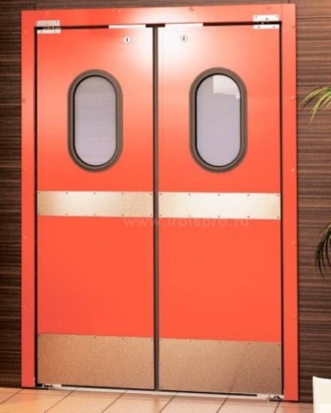 Маятниковая дверь двустворчатая МДД (ОН)-1500.2200-40 (RAL шагрень) рама в обхват,окна,отбойники