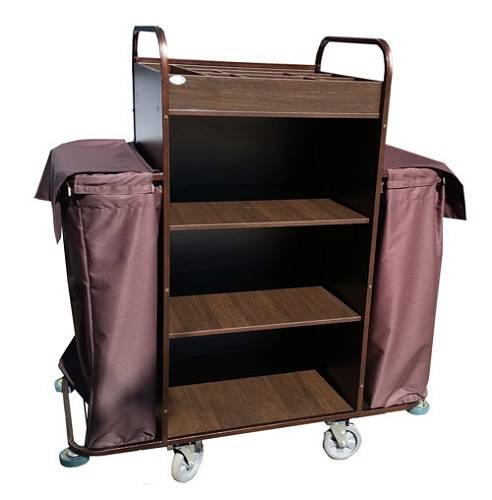 Тележка для горничных удлиненная ТГУ11.2 ОЛДАК 3стенки, 4полки МДФ, верхняя с бортом, 2 мешка по110л Тележка для горничных удлиненная ТГУ11.2 ОЛДАК 3стенки, 4полки МДФ, верхняя с бортом, 2 мешка по110л